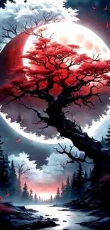 Surreal landscape with red moon and vibrant tree at night.