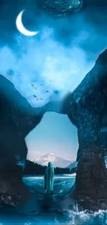 Mystical night landscape with crescent moon over serene lake and rocky formations.