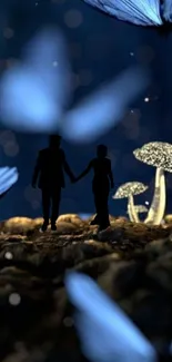 Silhouetted couple with butterflies and glowing mushrooms at night.