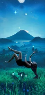 Floating figure in a mystical night landscape with stars and a mountain.