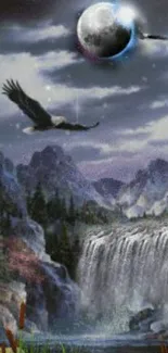 Eagle soaring above a waterfall at night.