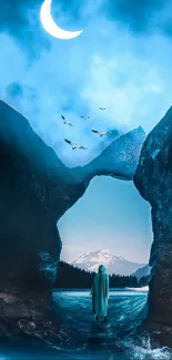 Cloaked figure on a moonlit mountain path with azure sky and crescent moon.