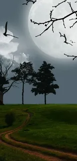 Night landscape with full moon and silhouettes of trees.