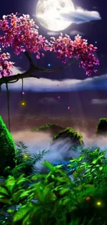 Mystical night scene with a moonlit sky and vibrant foliage.