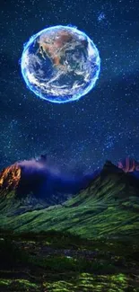 Ethereal planet above mountains at night.