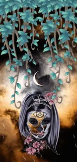 Mystical mask art with moon and foliage.