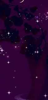 Hand holding vine with moon and stars on purple background.