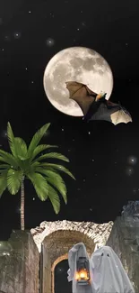 Spooky night scene with moon, bat, and two ghostly figures under palm trees.