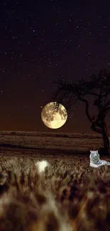 Scenic night wallpaper with a full moon, tree, and a white tiger.