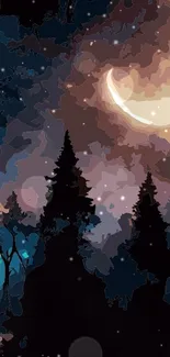 Mystical night wallpaper with crescent moon.