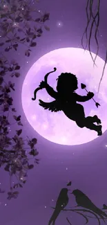 Mystical night with purple moon and cupid silhouette wallpaper.