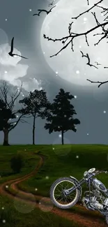 Night landscape with motorbike under full moon.