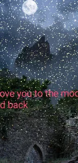 Mystical mountain landscape wallpaper with full moon and romantic text.