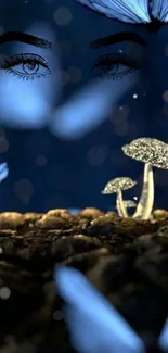 Mystical scene with glowing mushrooms and blue butterflies in dark blue night.