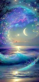 Mystical ocean scene with crescent moon and stars