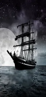 Majestic ship sailing under a starry night sky with a full moon.