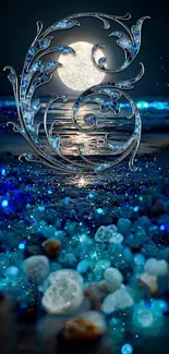 Mystical night ocean scene with full moon and luminous stones.