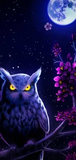 Mystical owl in moonlit night with purple flowers and stars.