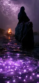 Mystical night path with purple glow under a starry sky.