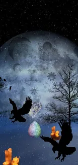 Mystical night wallpaper with moon, trees, birds, and glowing candles.