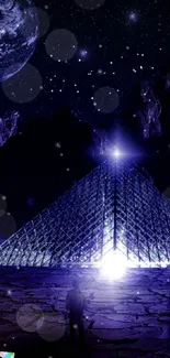 Mystical pyramid under a starry night sky, cosmic art wallpaper.