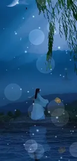 Mystical night scene with a serene figure by water, under a moonlit blue sky.