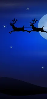 Reindeer flying across dark blue night sky with full moon.