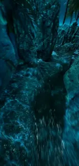 Mystical river under moonlit sky surrounded by rocks and trees.