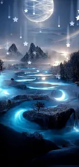 Wallpaper of a glowing river under a full moon in a mystical night setting.