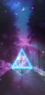 Mystical night road with neon triangle and cosmic sky wallpaper.