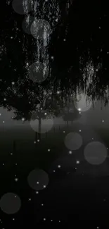 A mystical road at night with glowing orbs and trees, captured in a wallpaper.