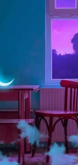 Mystical room wallpaper with glowing crescent and purple night sky.