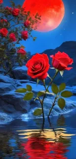 Red roses reflecting under a luminous red moon in a mystical night scene.