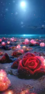 Enchanting night scene with glowing roses on a starlit beach under a bright moon.