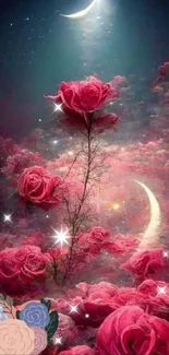 Mystical pink rose garden under crescent moon at night.