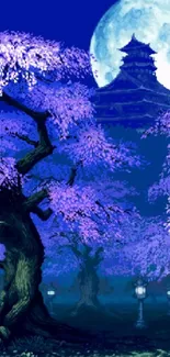 Sakura trees and a castle under a bright moonlit night sky.