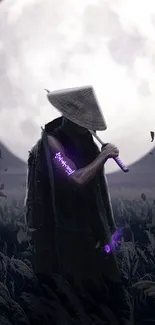 Samurai under a full moon with purple glow in a field at night.