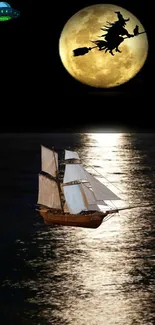 Wallpaper with witch, full moon, and ship on ocean.