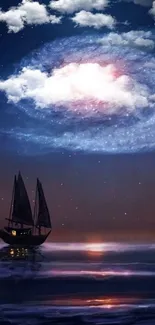 A ship sailing under a galaxy in a nighttime sea scene.