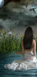 A mystical night wallpaper with a woman by a moonlit lake surrounded by nature.