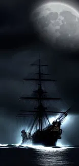 Mystical ship sailing under a moonlit sky with dark clouds.