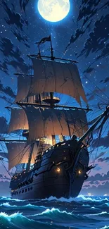 Sailboat on the ocean under a moonlit night sky.