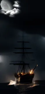 A ship sails under a bright moon on a dark, stormy night, with glowing lights.