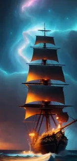 Mystical ship under starry night sky wallpaper.