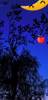 Silhouette tree under a starry night sky with crescent moon and apple.