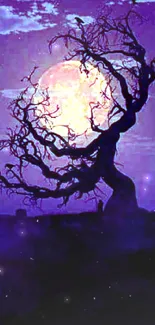 Silhouetted tree against full moon in a purple night sky.