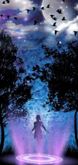 Mystical silhouette art with purple and blue night sky, moon, and trees.