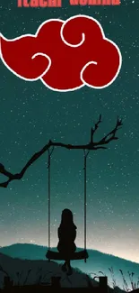 Anime-themed wallpaper with a night sky and silhouette on a swing.