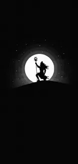 Silhouette of a figure in front of a full moon with a black background.