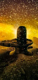 Mystical night scene with a golden sky and a linga centerpiece.